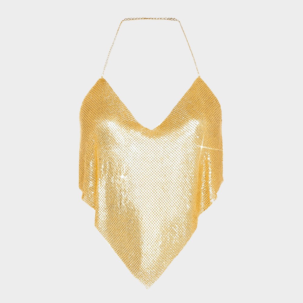 Paljettlinne med kedjeband och öppen rygg i clubstil