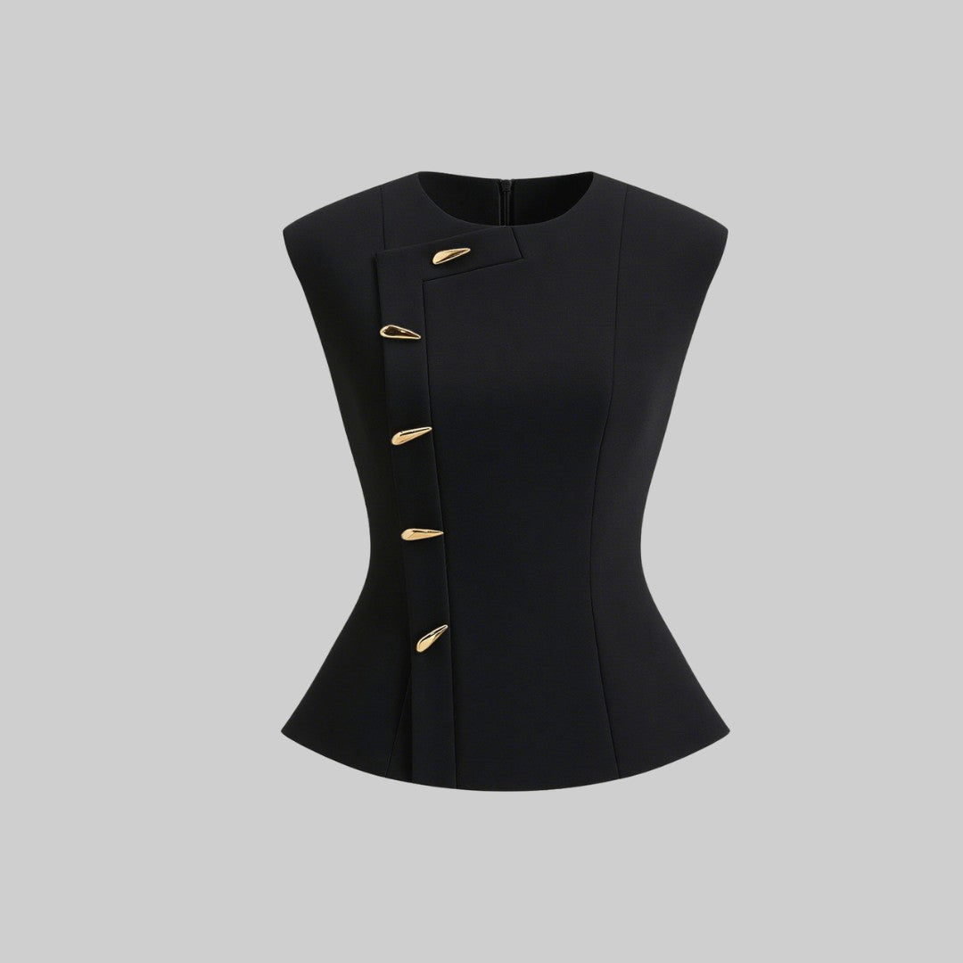 Ärmlös vävd topp med asymmetrisk knappstängning och figursydd silhuett