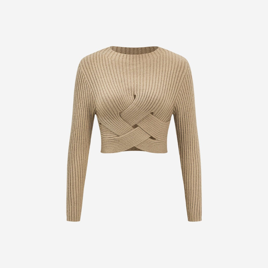 Korsad Ribbstickad Topp Långärmad Mjuk Bomull Detalj