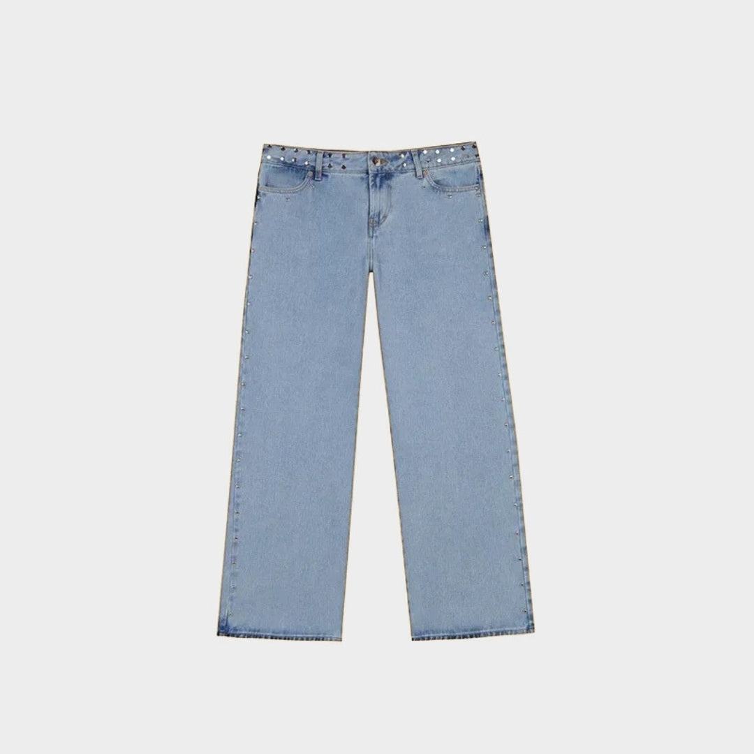 Rak jeans med stjärn broderi leopardmönster och nitdetaljer