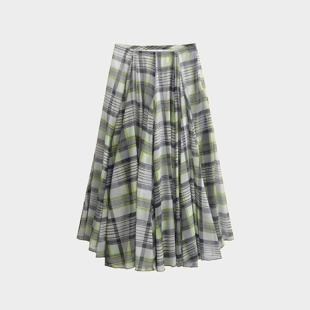 Kjol i midilängd med rutmönster naturlig midja A-linje silhuett och lagerdetalj