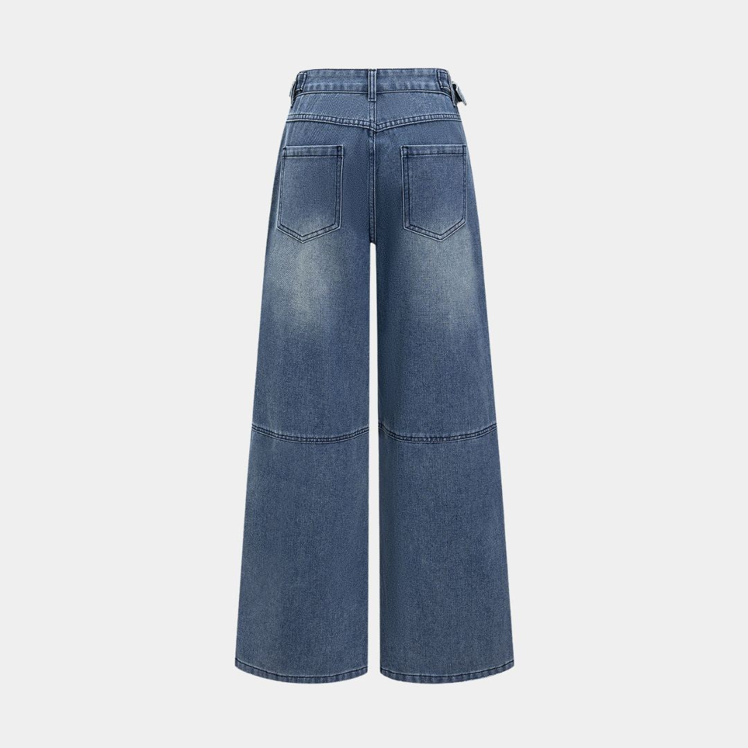 Mörkblå denimbyxor med veckade sidsömmar, panelkonstruktion och bred silhuett i kraftig tvättad bomullsblandning