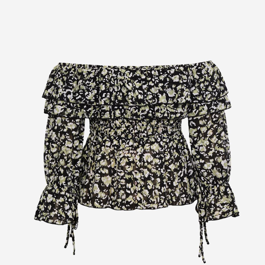 Svart axelbandslös blus med volanger och blommigt mönster