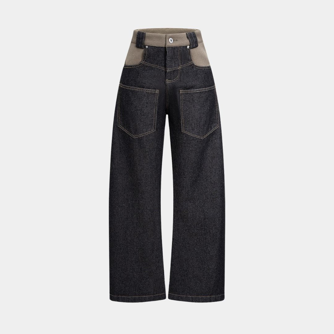 Svarta raka jeans med kontrasterande ylleinsats i midjan och grov diagonalväv i kraftig bomullsdenim