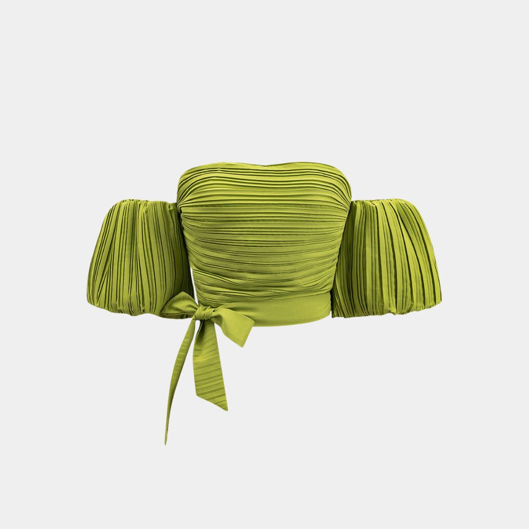 Plisserad axelbandslös topp med voluminösa ärmar och knytband i midjan