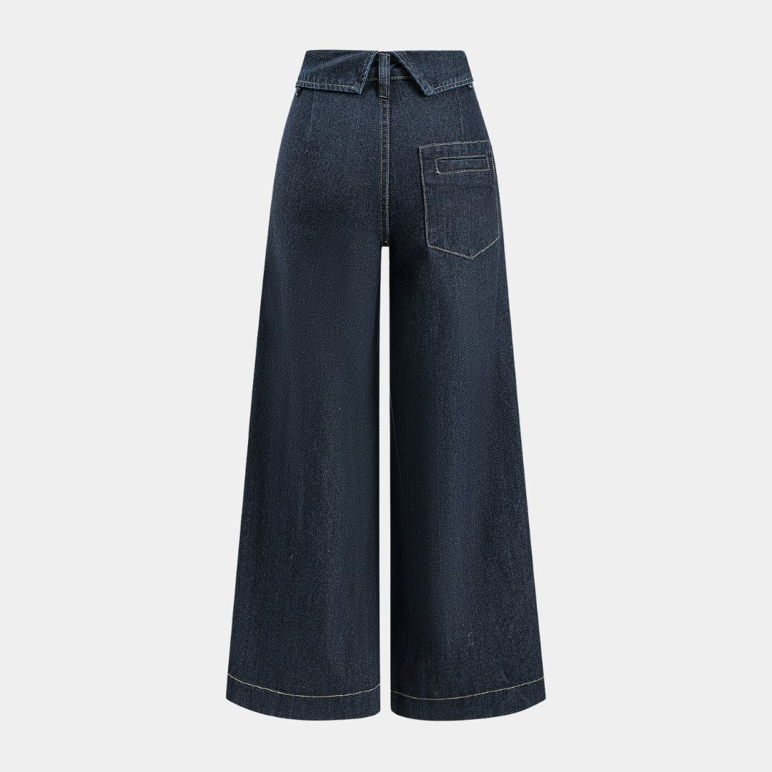 Mörkblä vida jeans med unik skjortkrage i midjan, bred silhuett och klassisk denimstruktur utan stretch