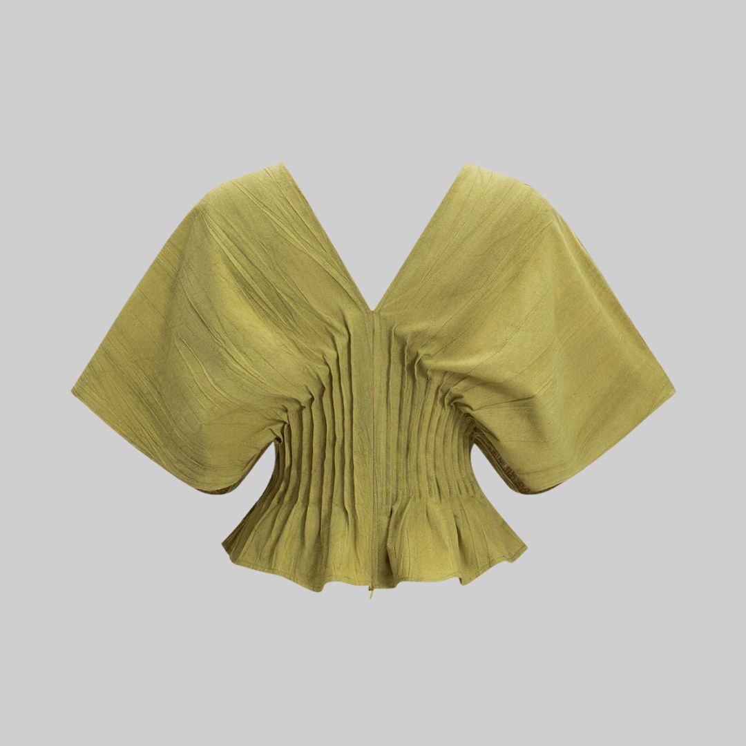 Olivgrön Kort topp i linne-viskosblandning med veckad midja, v-ringning och vida ärmar