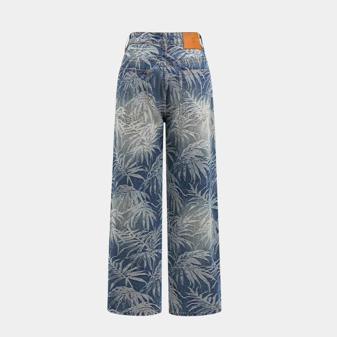 Tonade blå denimjeans med vävt bladmönster, hög midja och rak vida passform i bomullsblandning