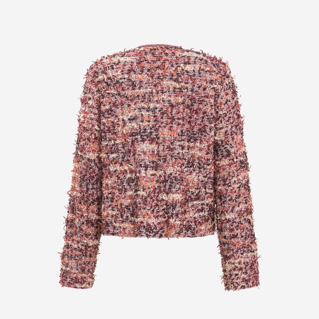Flerfärgad kort jacka i texturerad bouclékänsla med dekorativa trådar och metallknappar i avslappnad passform