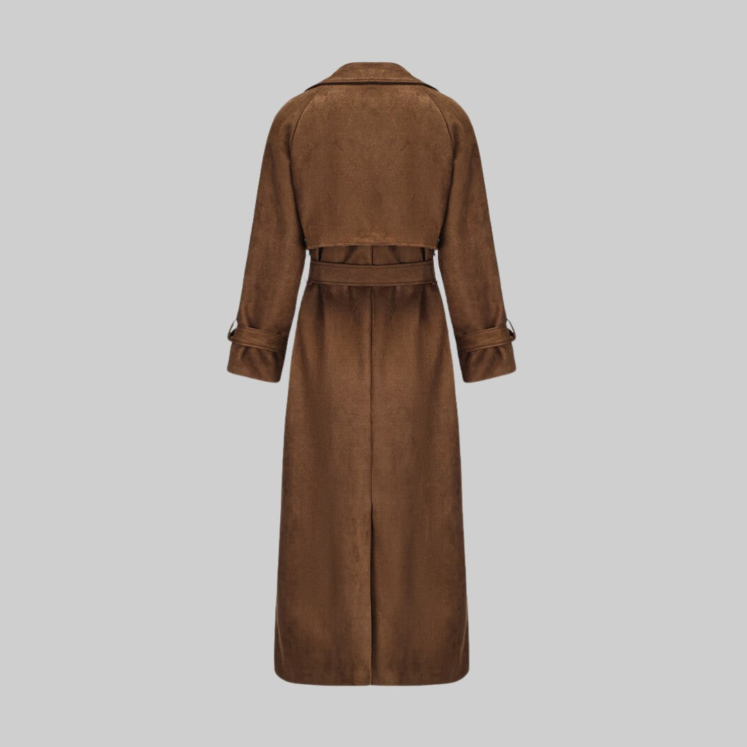 Lång Brun Trenchcoat i Vegansk Mocka med Skärp