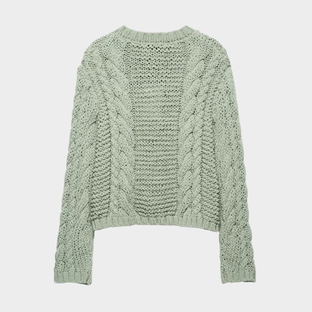 Ljusgrön kabelstickad tröja med blomknappar