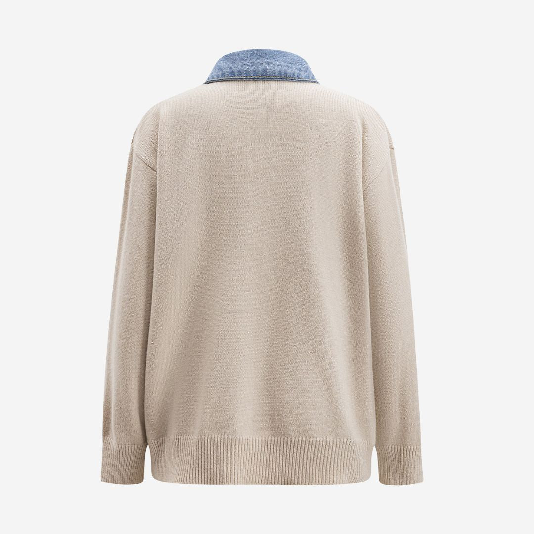 Beige ledig stickad cardigan med denimkrage och kontrasterande jeansfickor i utilitystil