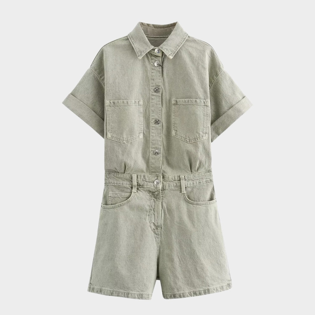Kortärmad jeansjumpsuit med skjortkrage och hög midja