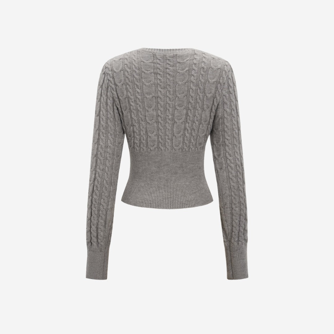 Grå kabelstickad tröja i ribbad trikå med tvåvägsdragkedja
