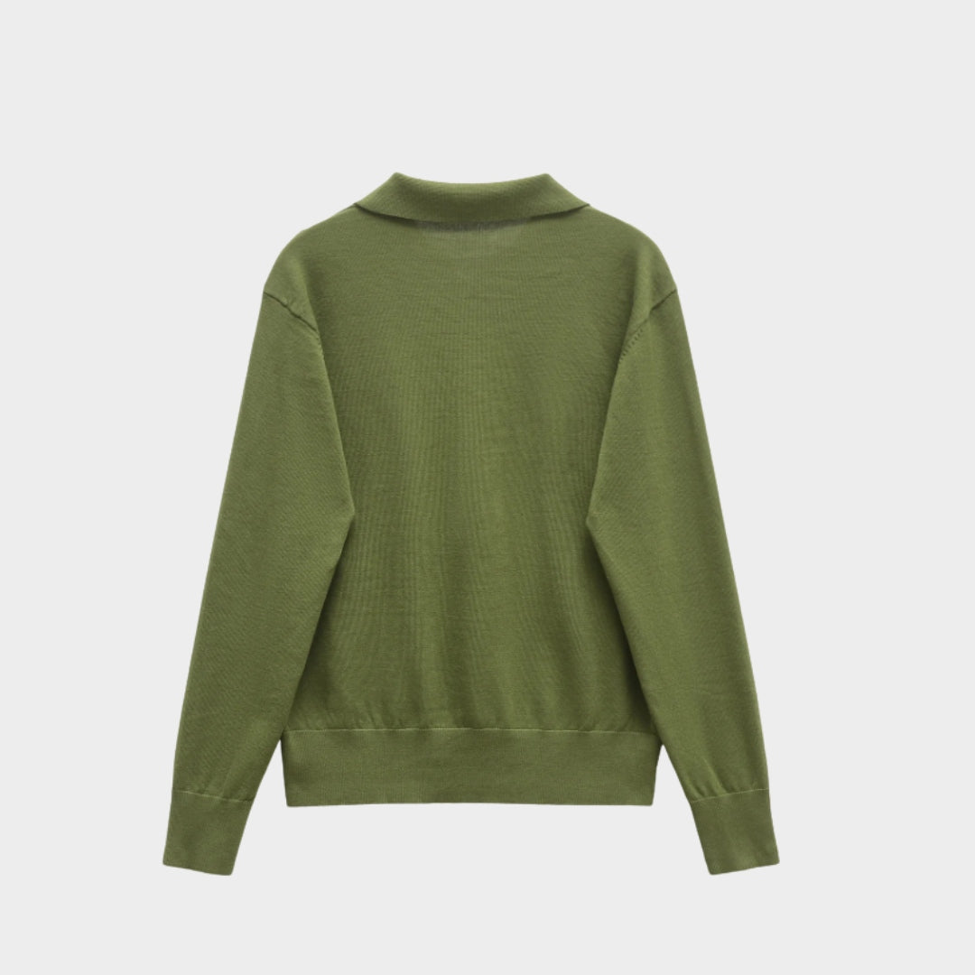 Olivgrön stickad polotröja med lång ärm lös passform och pulloverdesign
