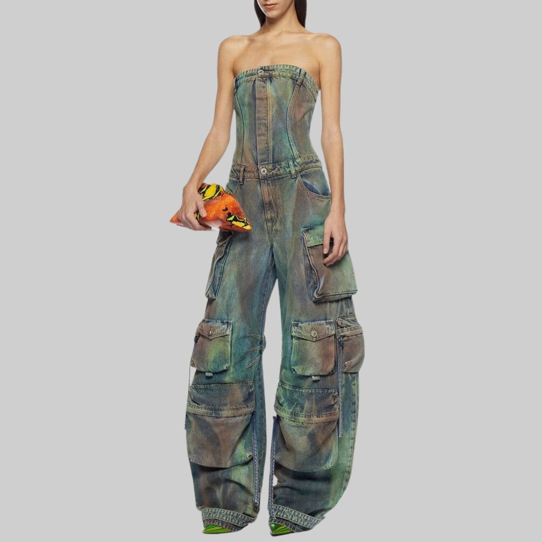 Axelbandslös Cargojumpsuit i Camouflagefärgad Denim