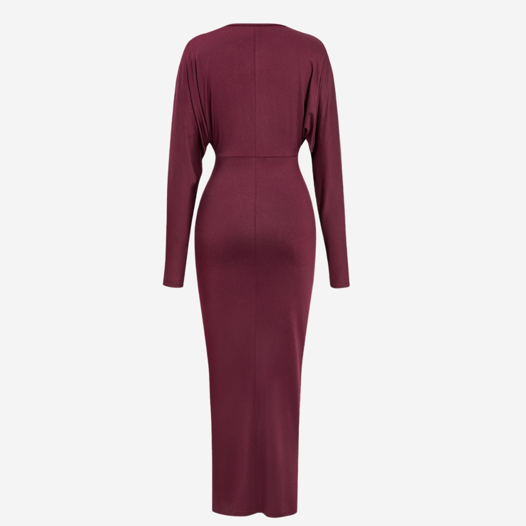 Lång vinröd klänning i stretchjersey med draperad midja djup urringning och lång ärm