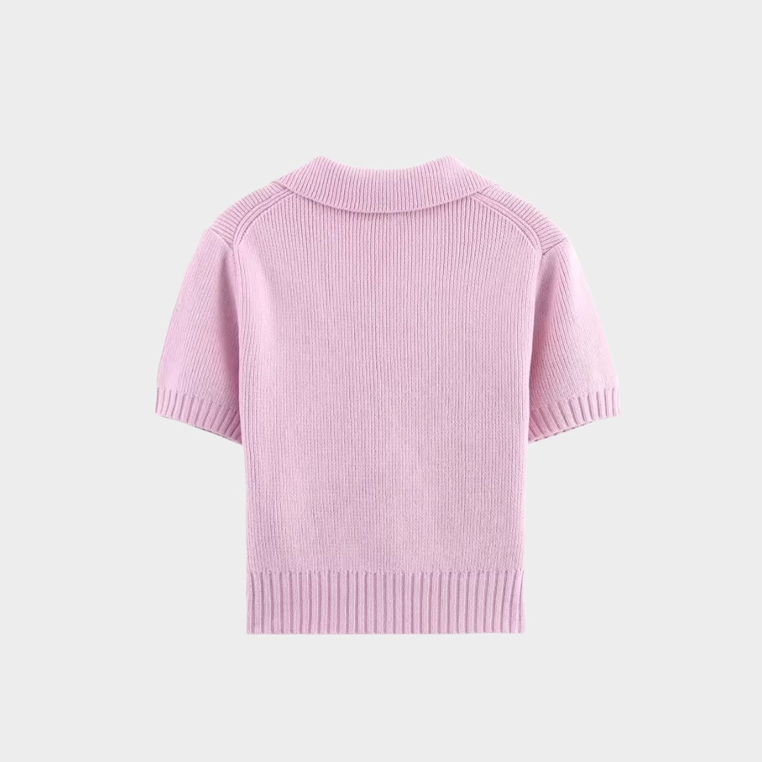 Rosa stickad kofta med rosettband kort ärm och smal passform