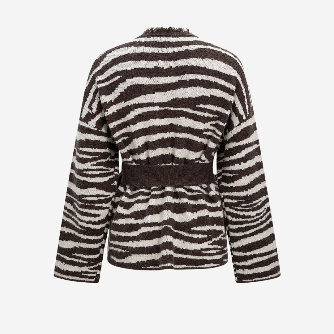 Zebramönstrad stickad kofta med bälte och franskant