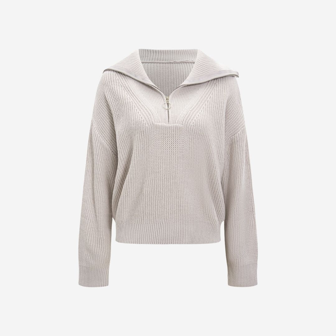 Grå Stickad tröja med dragkedja och krage för avslappnad vardagsstil med sportig känsla