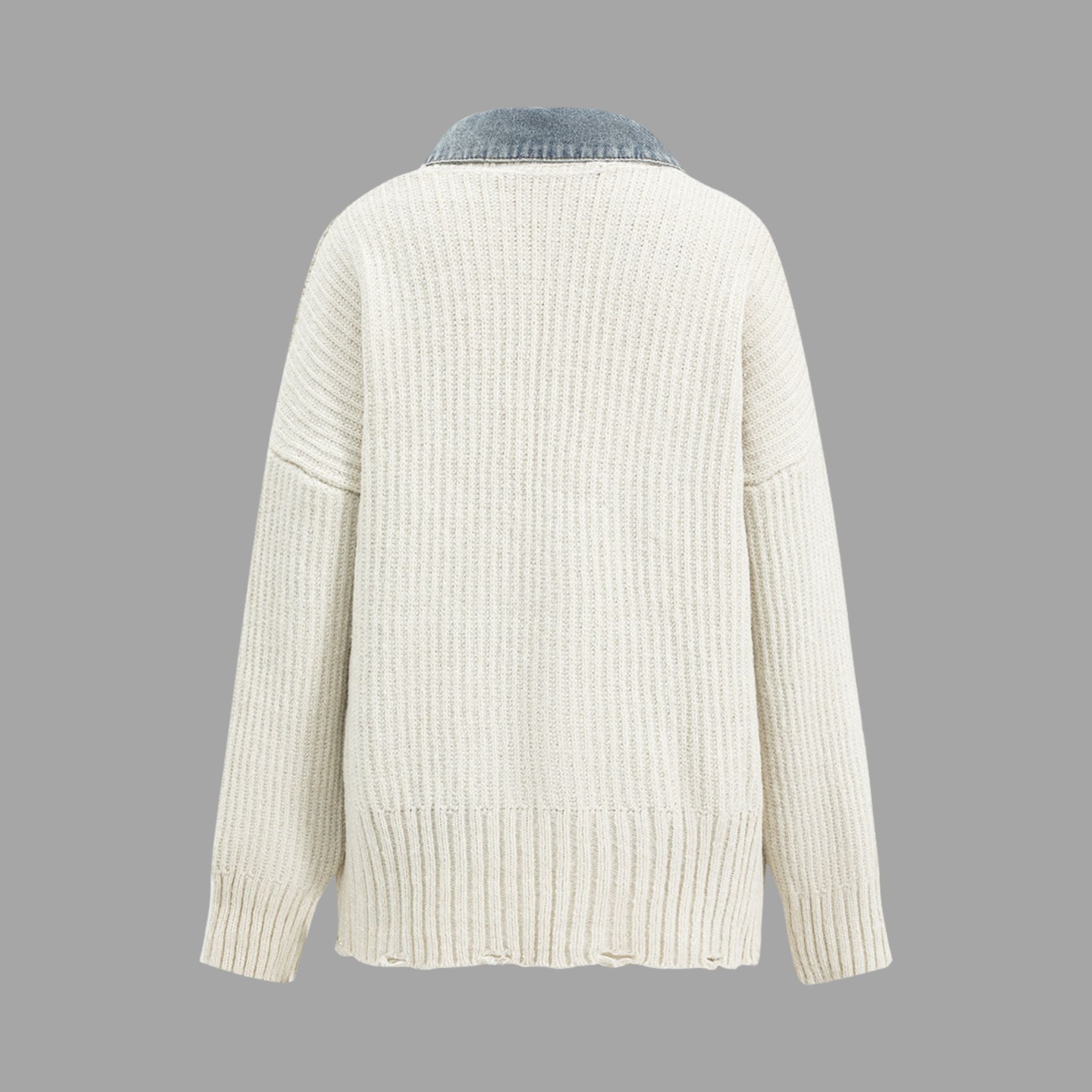 Vit stickad cardigan i ribbat jersey med jeansdetaljer och kontrastfickor