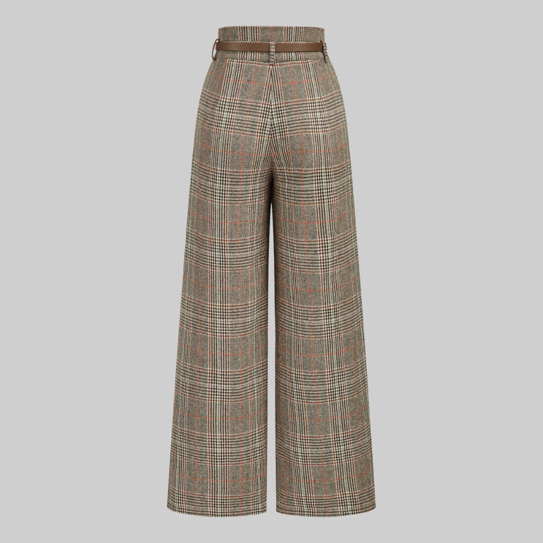 Rutiga vida byxor i vävt tyg med bälte och hög midja