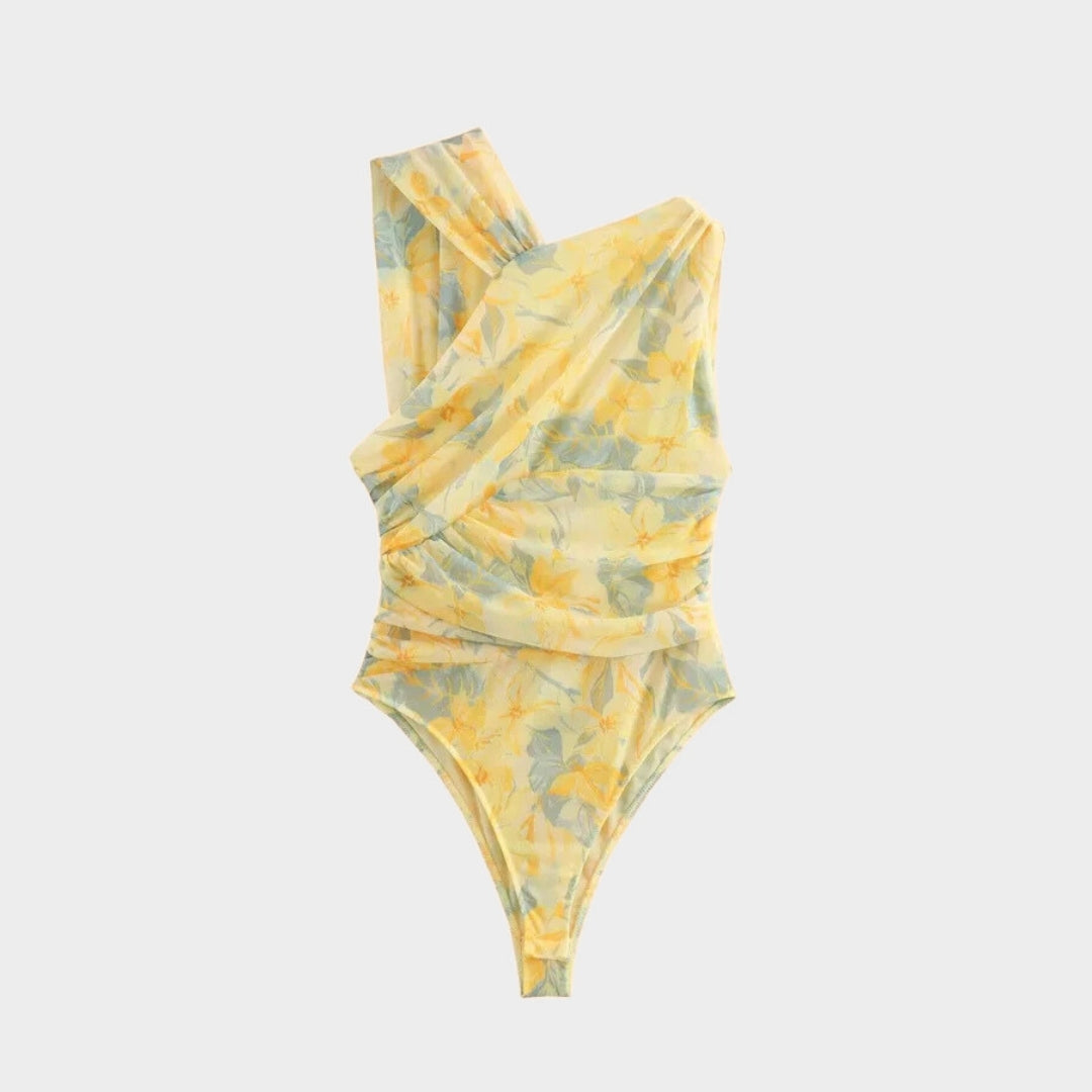 Printad body med rynkad front meshtyg smal passform och draperad design