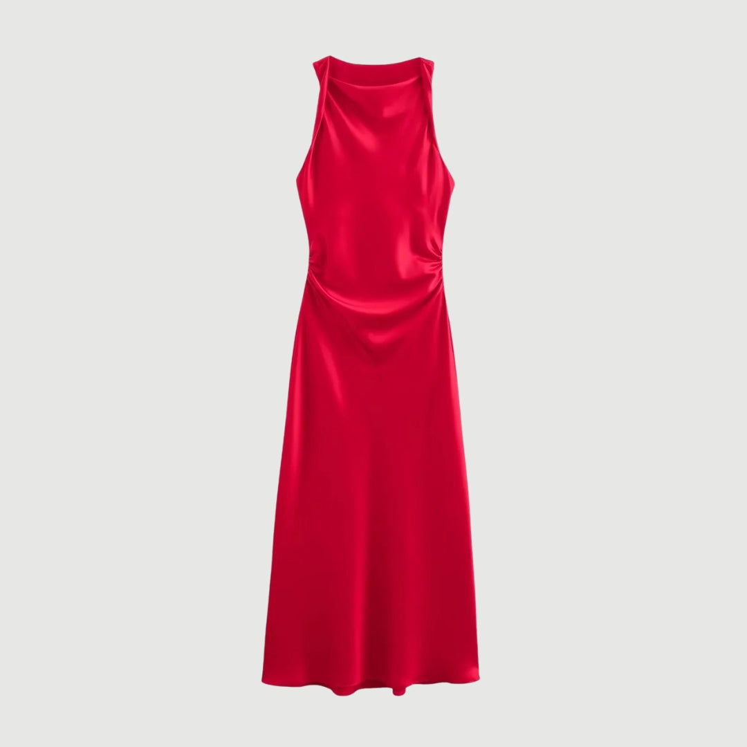 Satinklänning i halterneck med A-linjeform och midilängd