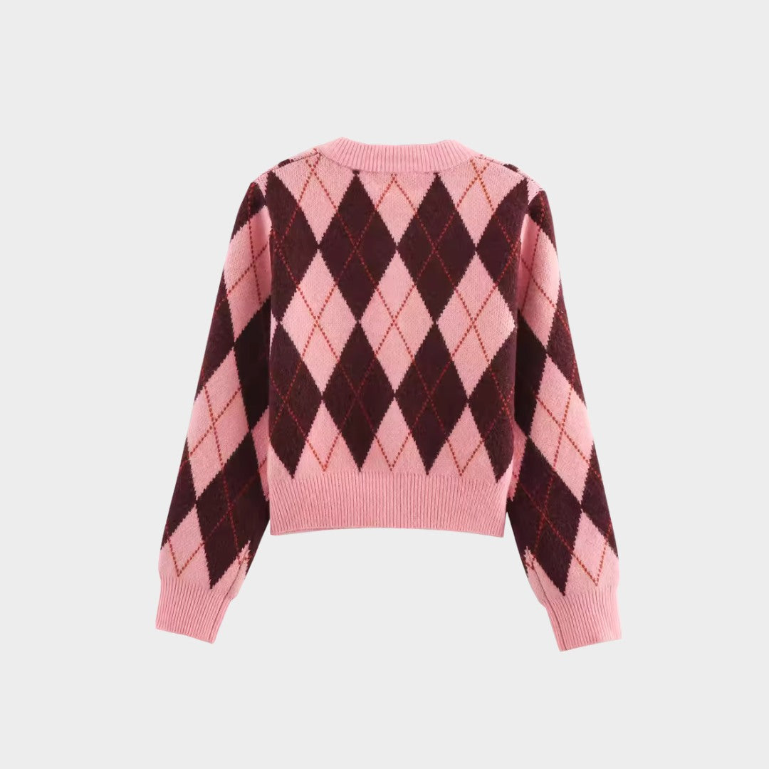Rutig rosa kofta med diamantmönster och lång ärm