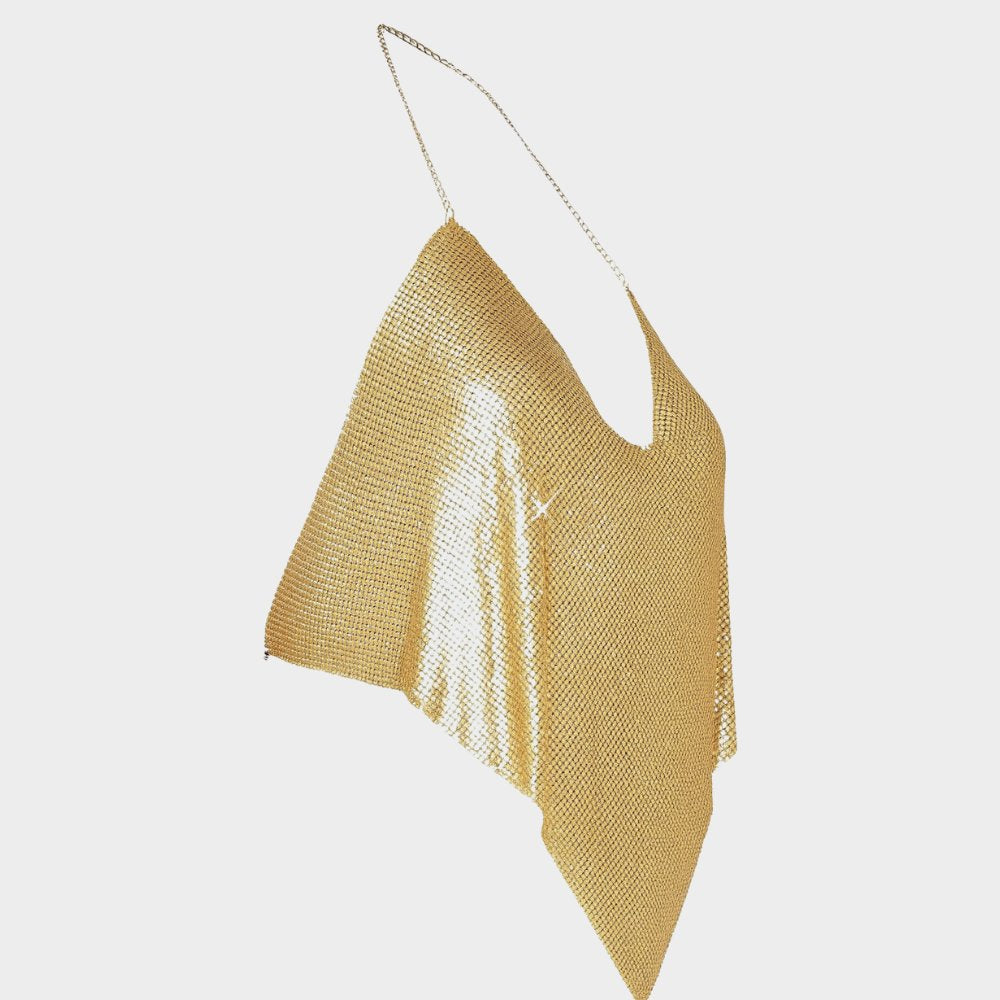 Paljettlinne med kedjeband och öppen rygg i clubstil