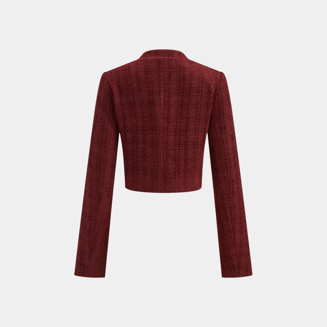 Kort vinröd tweedjacka med rund halsringning och dekorativa guldknappar