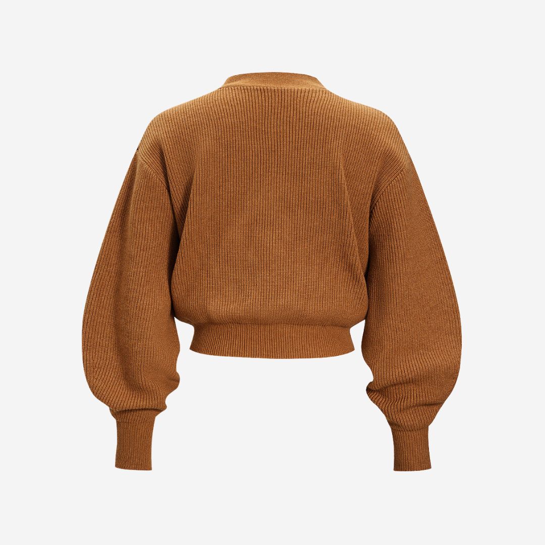 Orange kort ribbstickad kofta med puffärmar hjärtknappar och figurnära midja