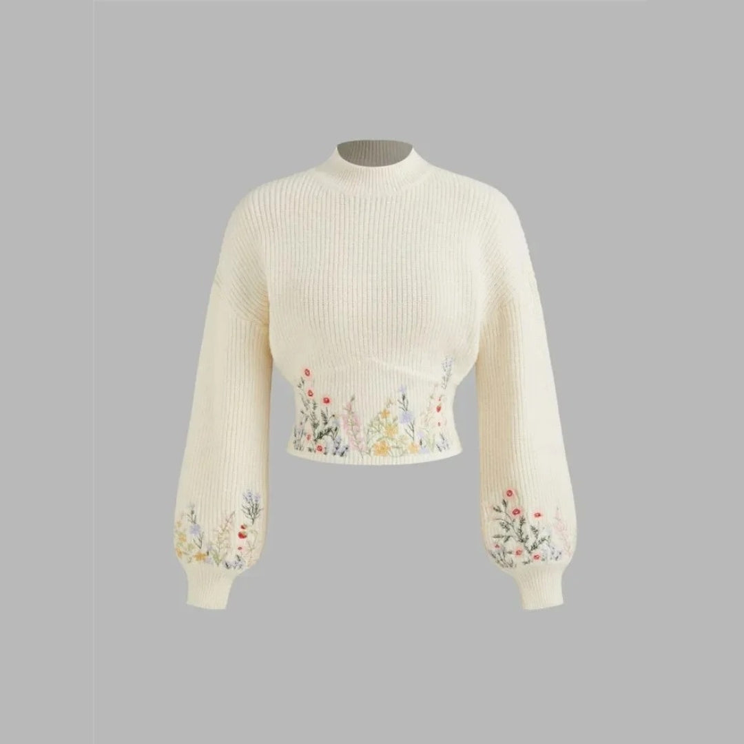 Stickad tröja med blommig brodyr och ballongärm