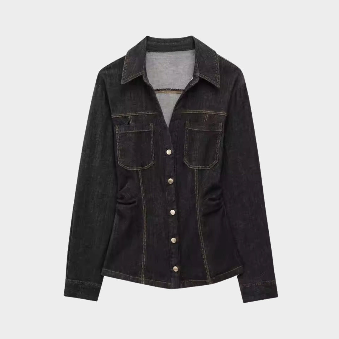 Tvådelad denimset med jacka enkel knäppning och vida byxor