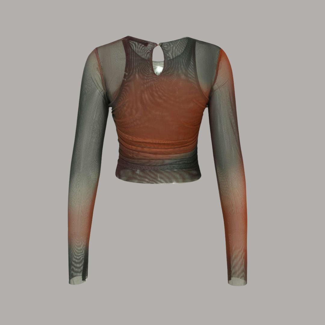 Transparent långärmad mesh-topp i ombrétoner med kroppsnära passform