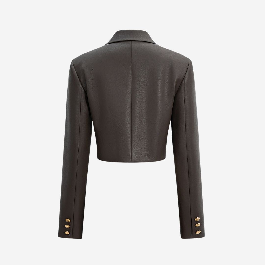 Svart kort kavaj i veganskt läder med dubbelknäppning och dekorativa guldknappar