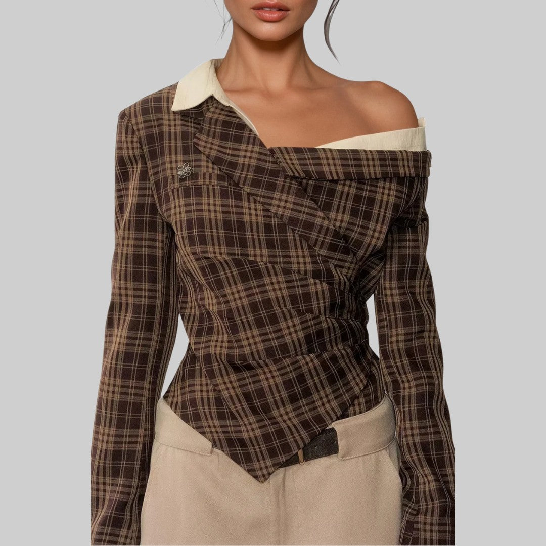 Brun Asymmetrisk rutig topp i brunt med enkel axel, skräddad passform och kontrastkrage