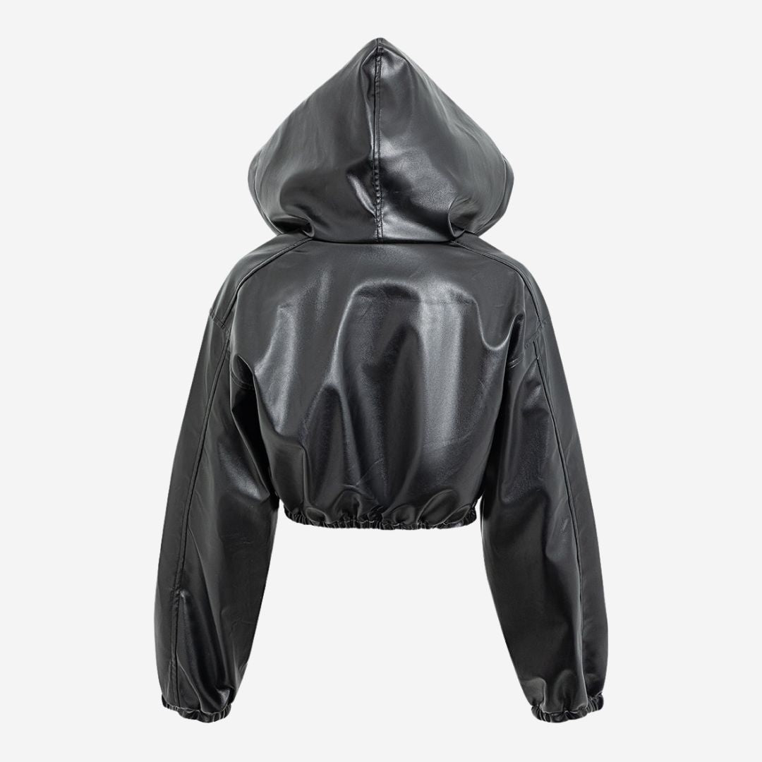 Svart Kort hoodiejacka i veganskt läder med dragkedja och resårdetaljer
