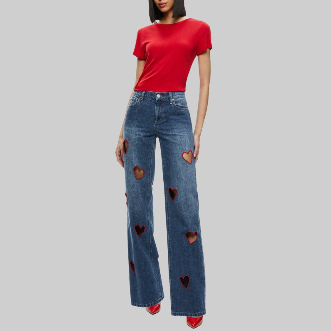 Blå Denimjeans med Hjärtformade Utskärningar och Kontrasterande Röd Kant