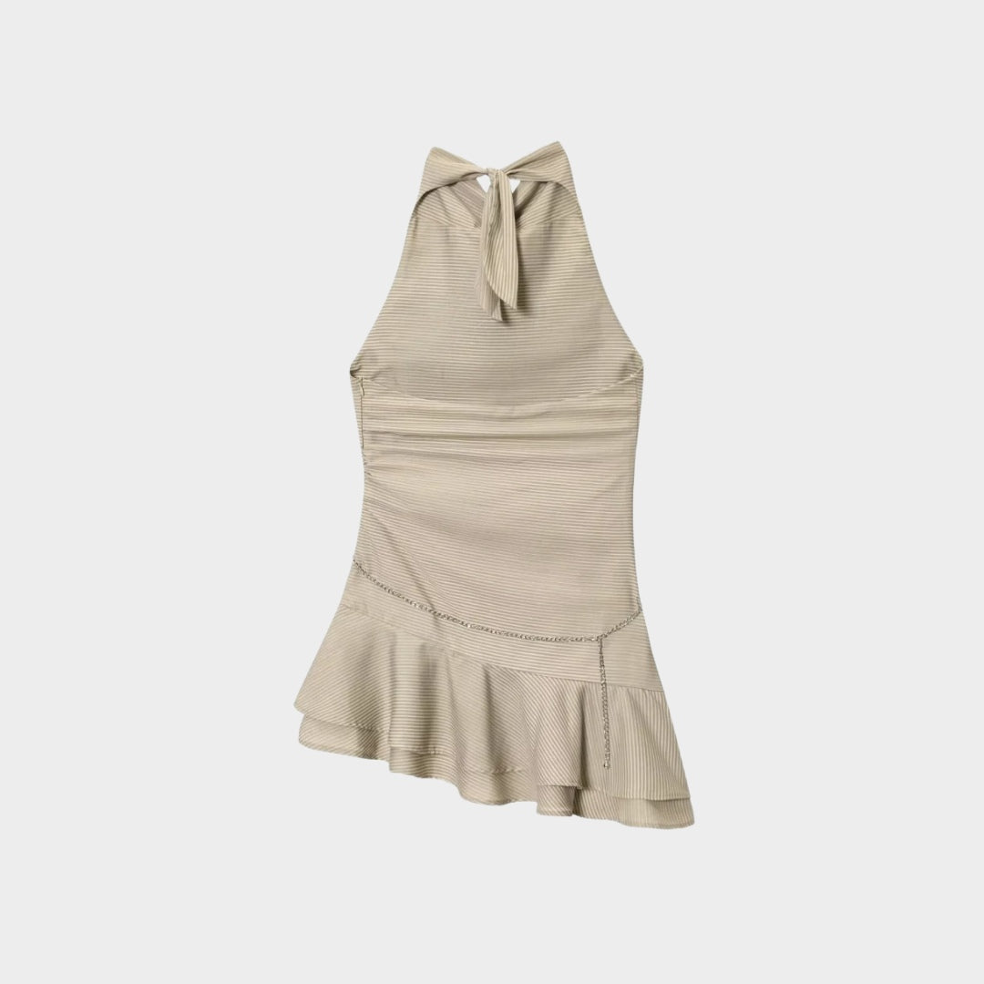 Randig halterneck-miniklänning med bar rygg och silverfärgad kedjedetalj