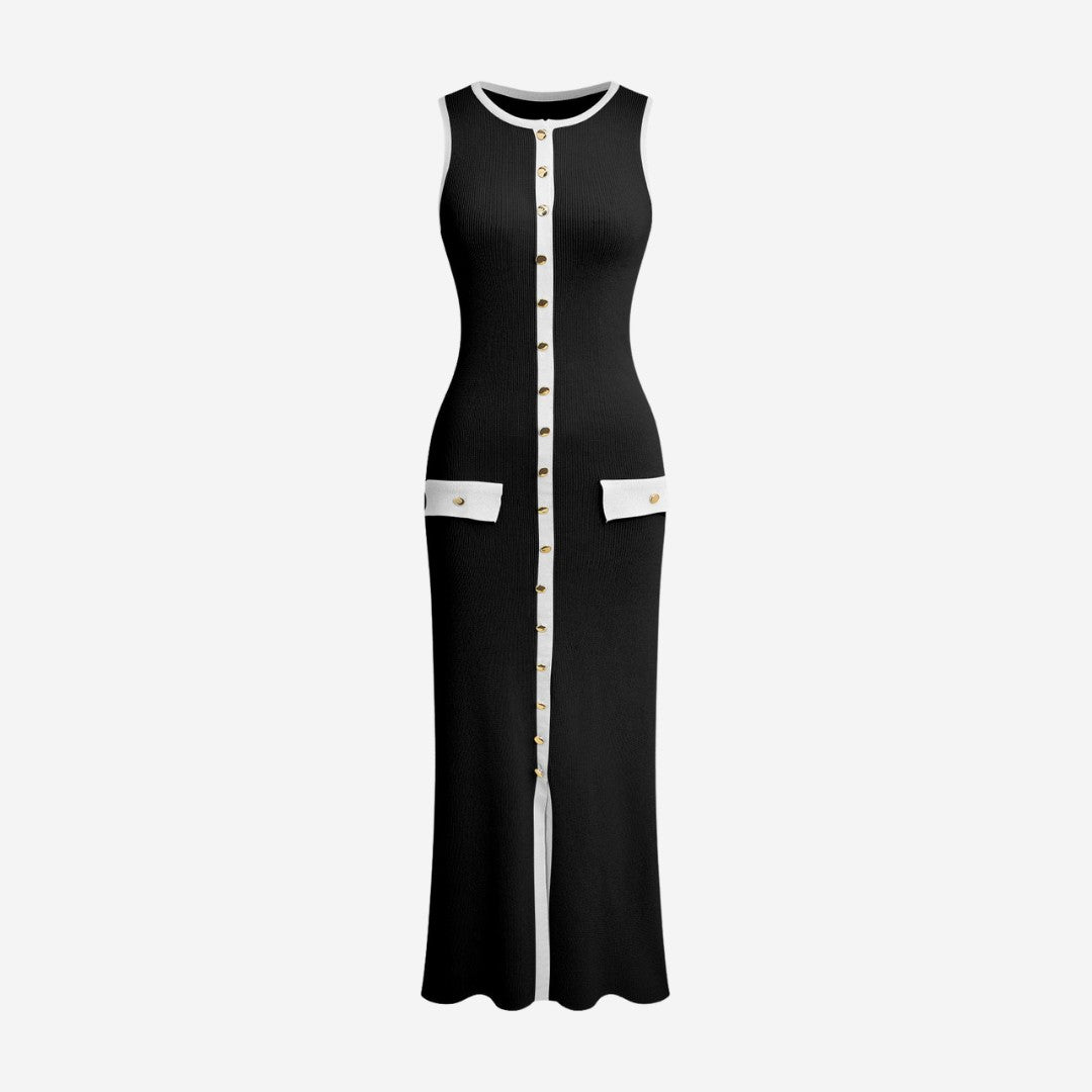 Ärmlös ribbad midiklänning med knappar och ficklock