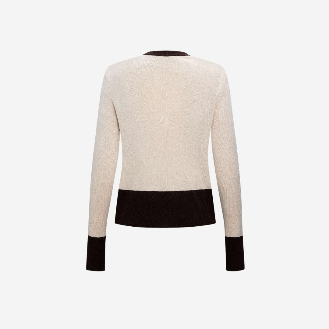 Stickad Långärmad Topp Med Kontrastknappar Och Ribkant