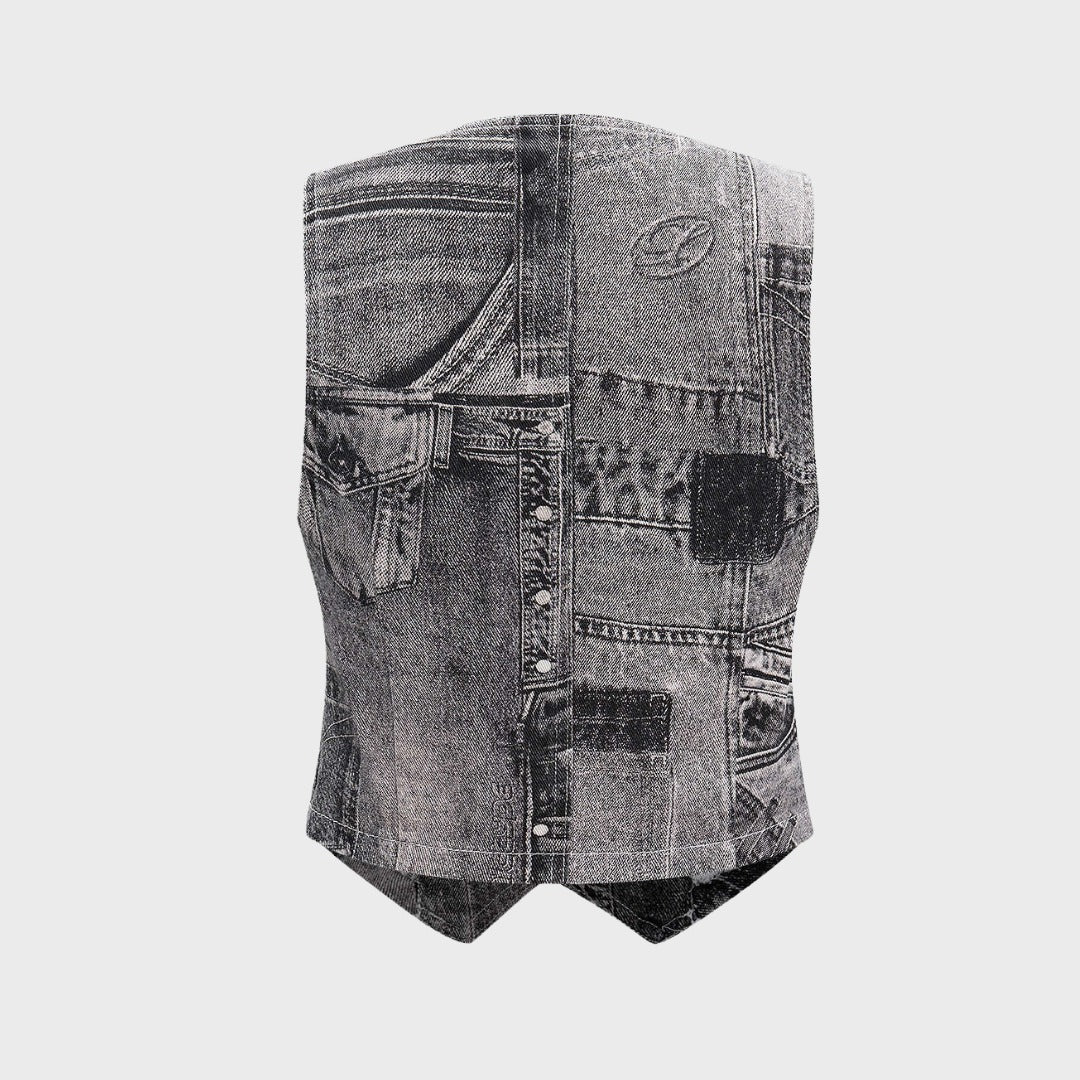 Jacquardväst i denimlook med unik tryckdesign och knappstängning