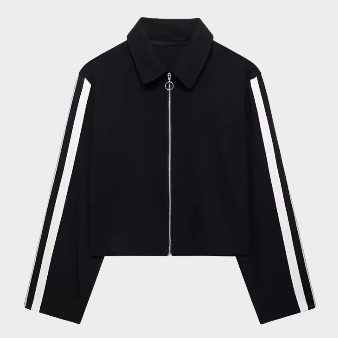 Tvådelad svart chique tracksuit i tjockt stretchmaterial med kontrastbyxor