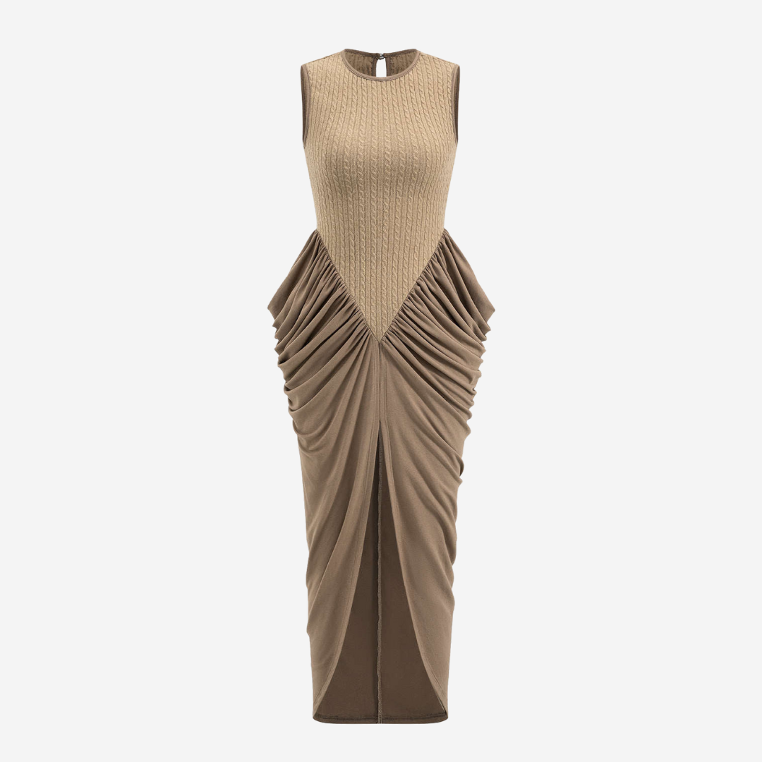 Midiklänning med stickad överdel och draperad kjol i stretchtyg med ärmlös skärning