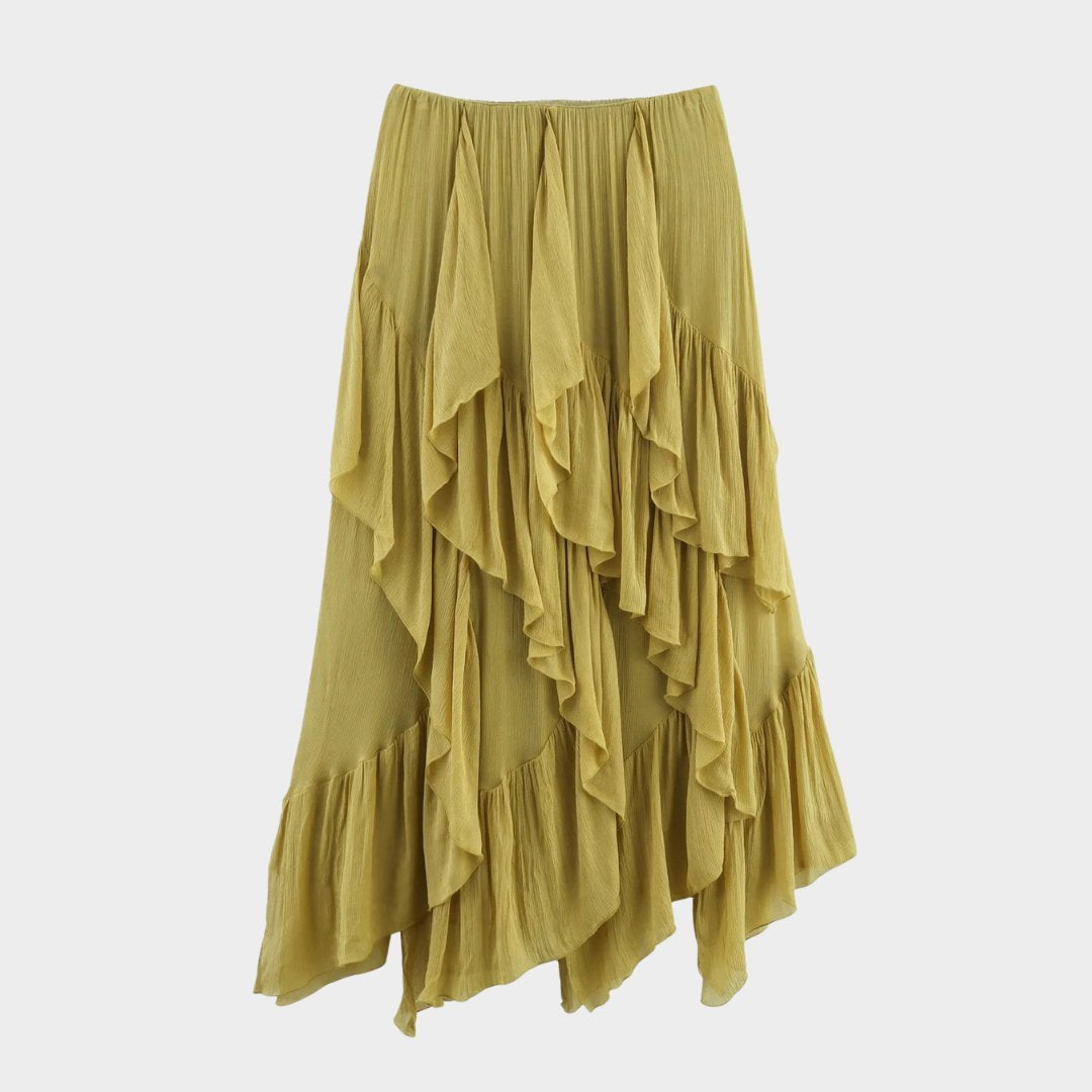 Midilång volangkjol i senapsgul med asymmetrisk fåll och A-linjeform