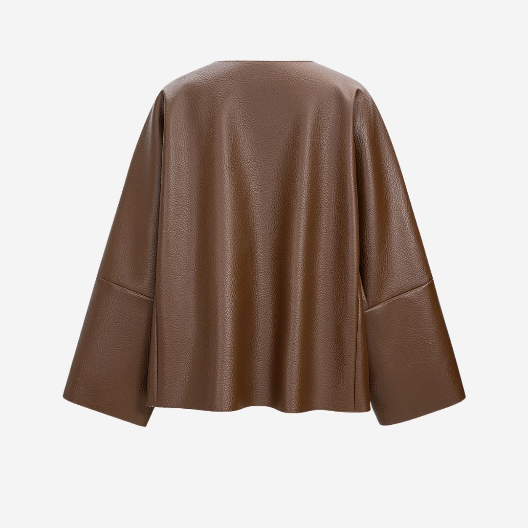 Brun kort kavajstil jacka i präglat veganskt läder med skulpturala ärmar och dekorativa guldfärgade knappar