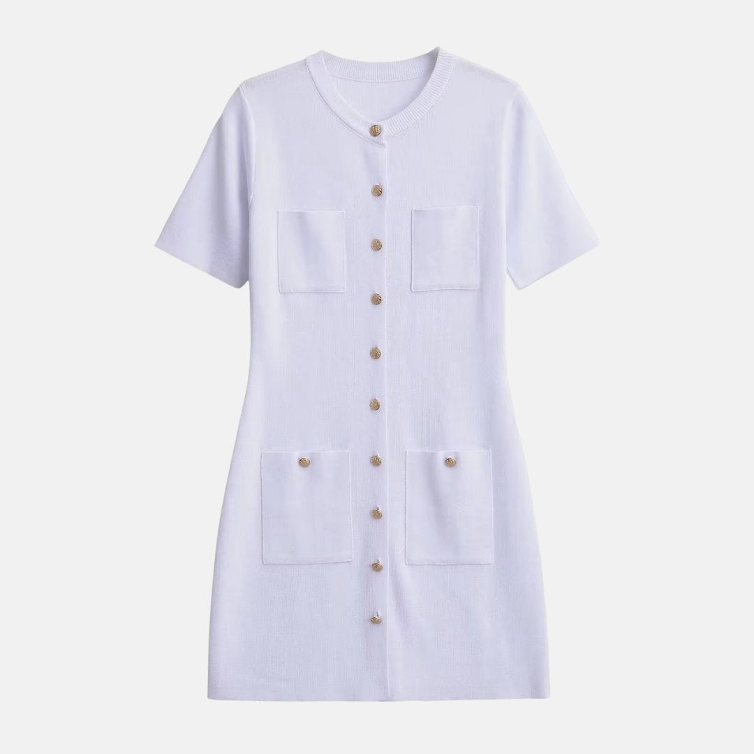 Stickad miniklänning med fickor och metallknappar