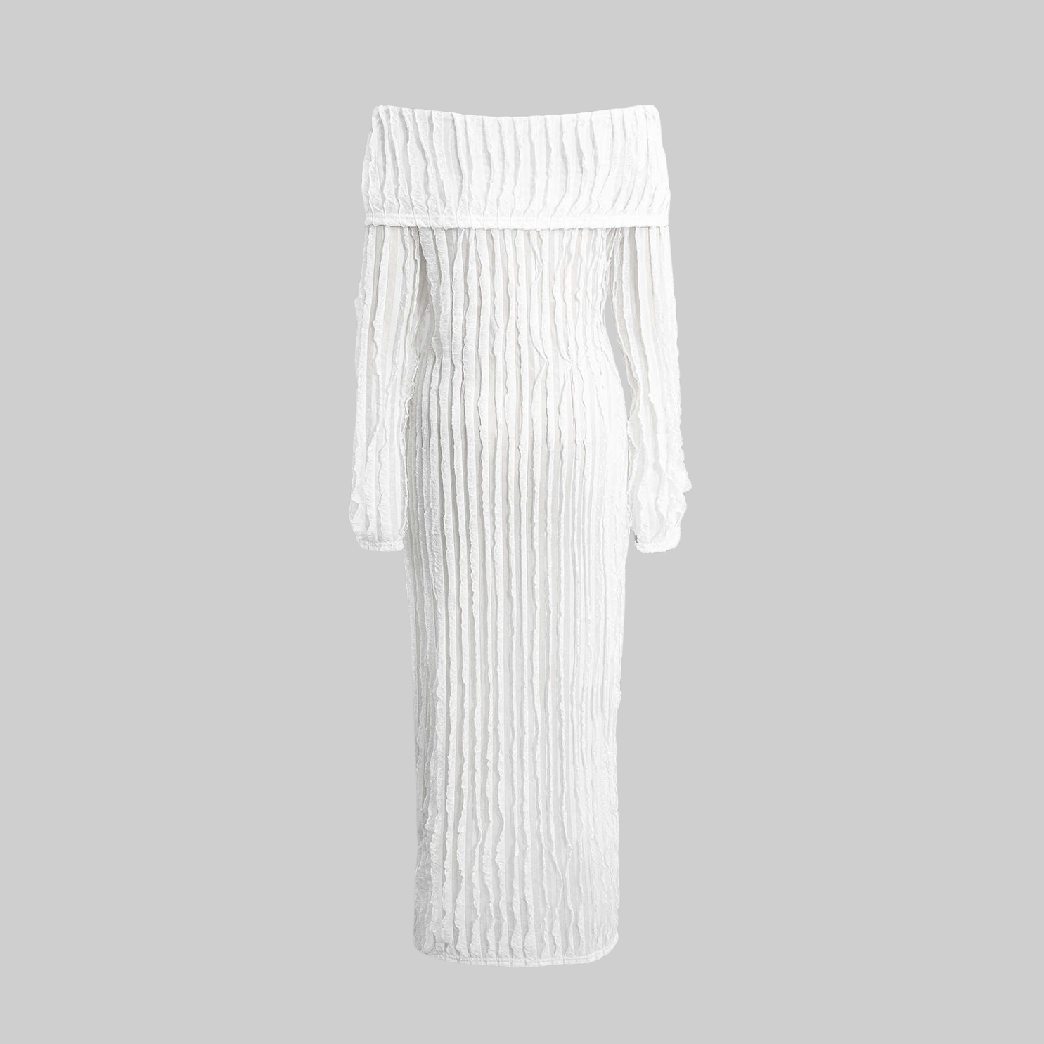 Axelbandslös midiklänning i veckad jersey med knappstängning lång ärm och figurnära passform