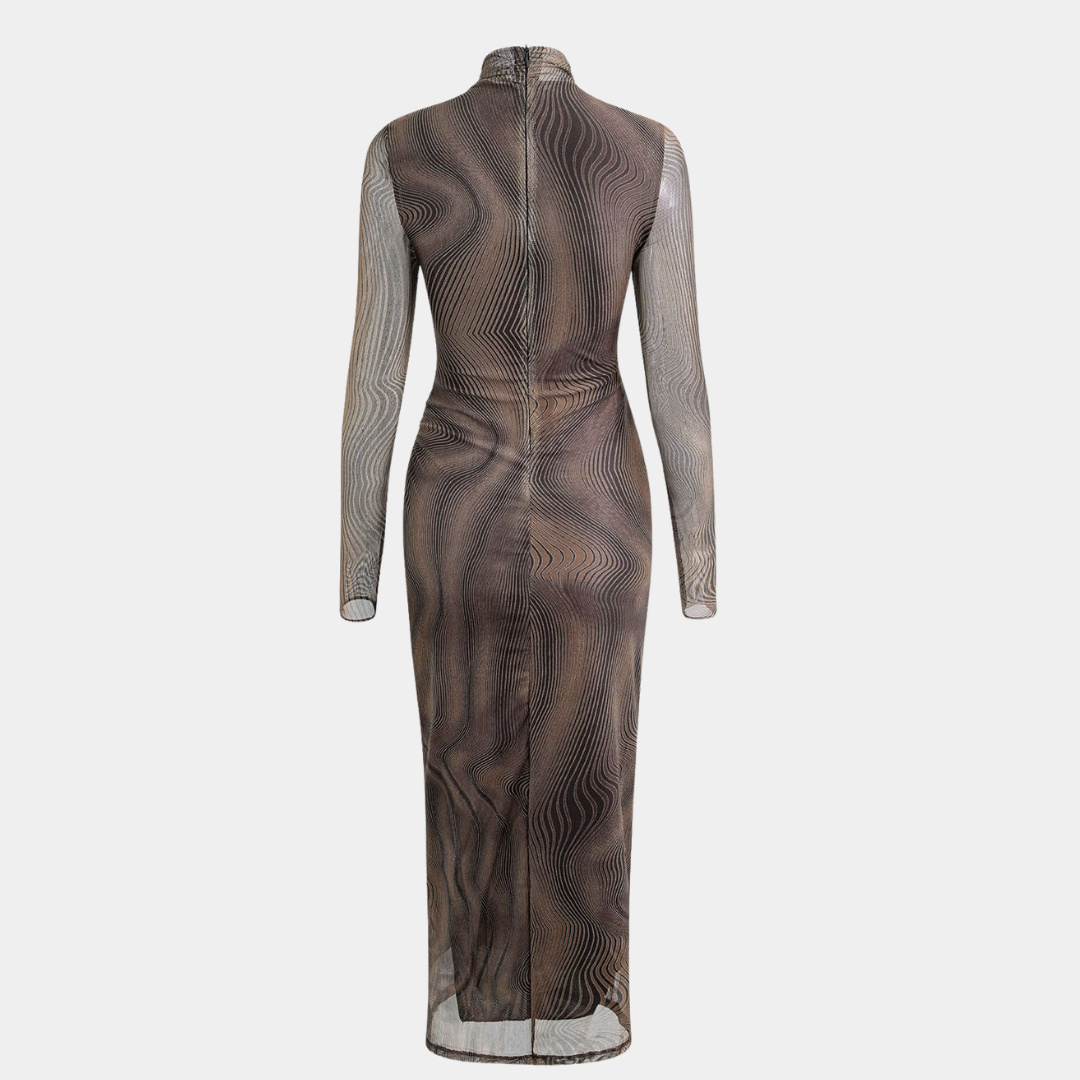 Brun långärmad midiklänning i mesh med hög hals och vågmönstrat tryck i bruna och svarta nyanser